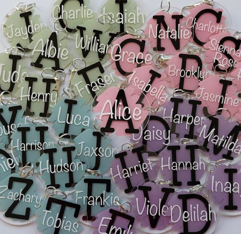 Colorful name tags with various names printed on them